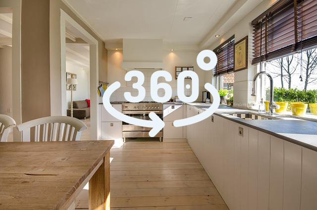 Photo d'une cuisine avec une icône 360 pour montrer l'intérêt des visites virtuelles dans l'immobilier