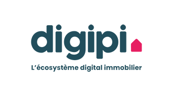 Logo Digipi écrit en police ronde et bleu pétrole avec le dessin d'une maison sur le côté droit