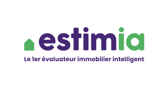 Logo Estimia, le 1er évaluateur immobilier intelligent, écrit en police violetteet verte avec le dessin d'une maison verte sur le côté gauche